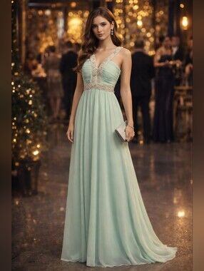 City Studio Mint Green Beaded Pearl V-Neck Maxi Dress Juniors 11/Womens XS/S
